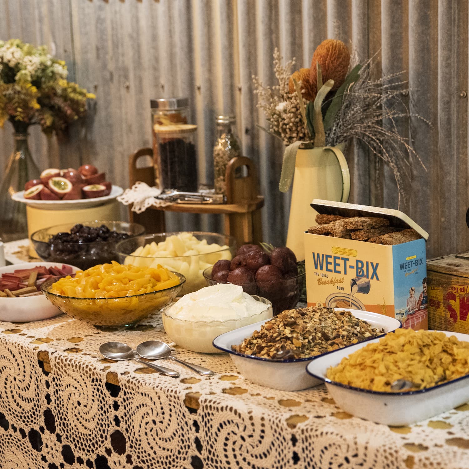 Breakfast spread laid out at The Welcome Home, Longreach