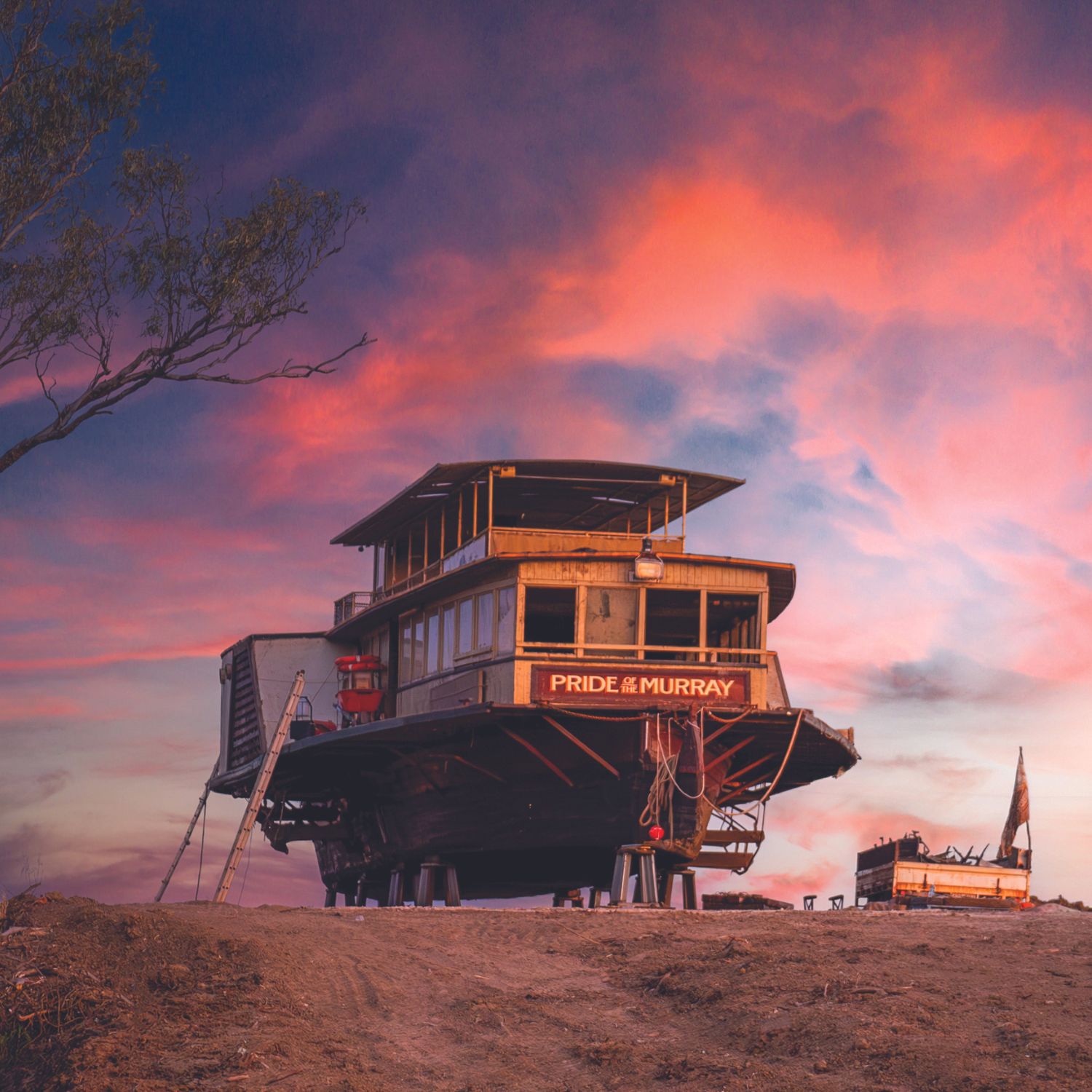 Pride of the Murray paddlewheeler on a hardstand at sunset