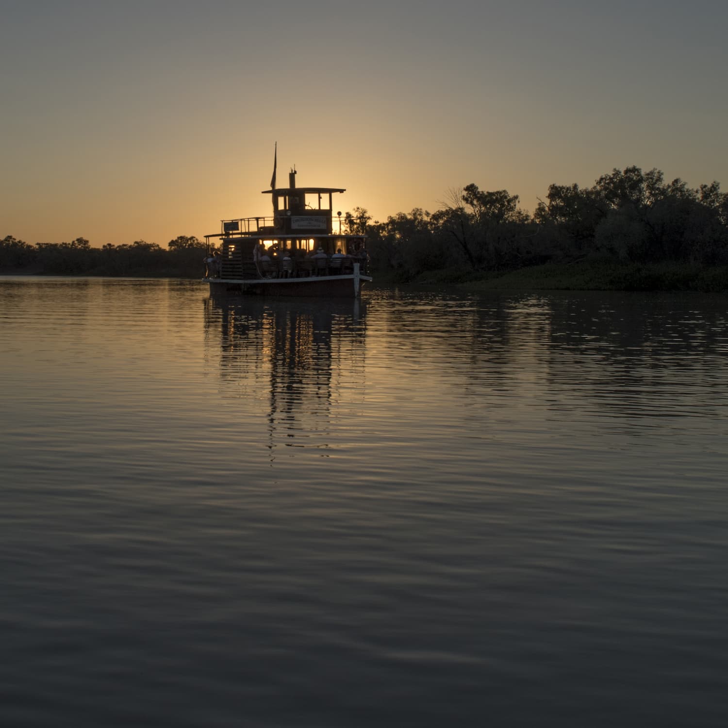The Thomson Belle Paddlewheeler cruising down the Thomson river at sunset