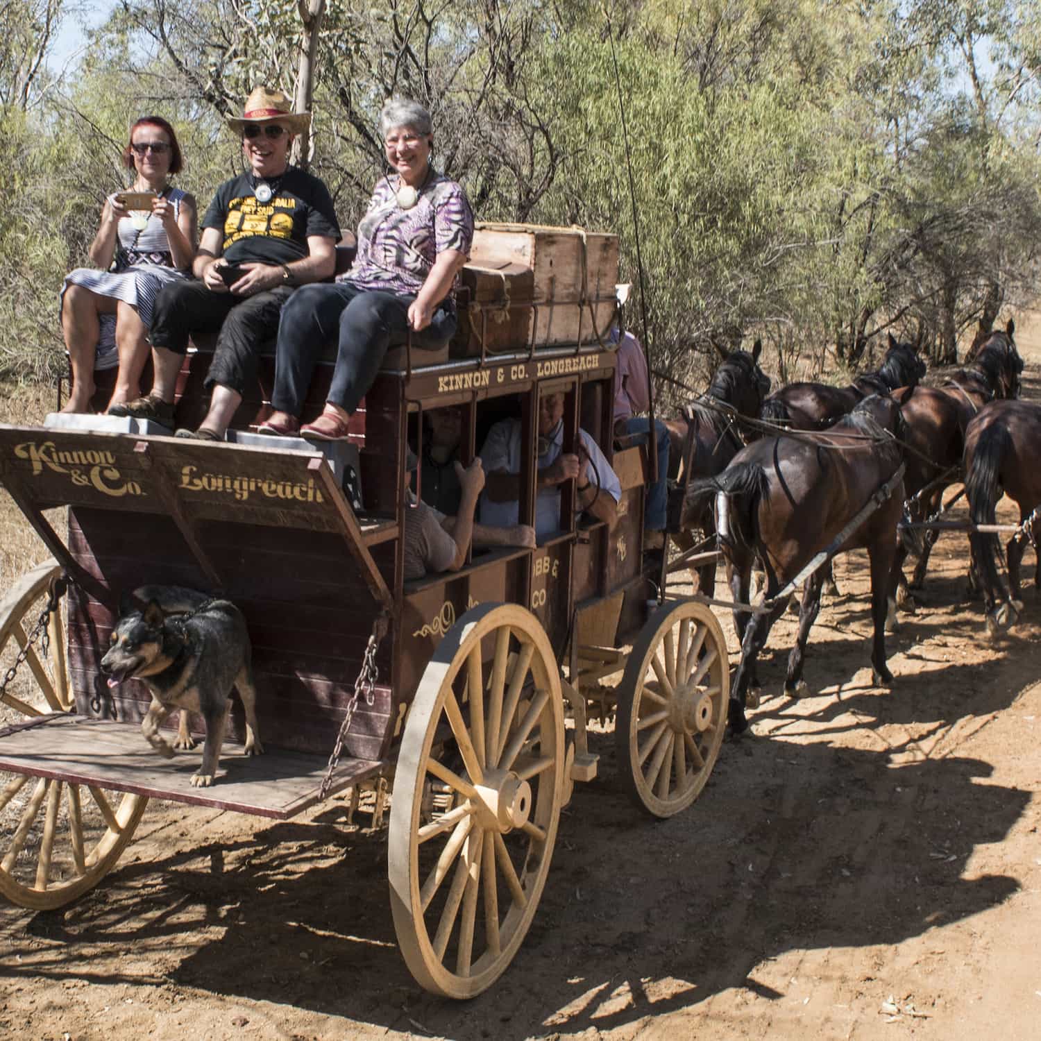 Guests enjoying a ride atop the Cobb and Co stagecoach