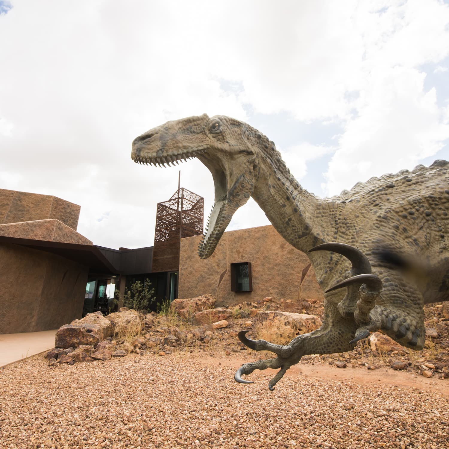 Dinosaur sculpture at the entrance to Australian Age of Dinosaurs, Winton