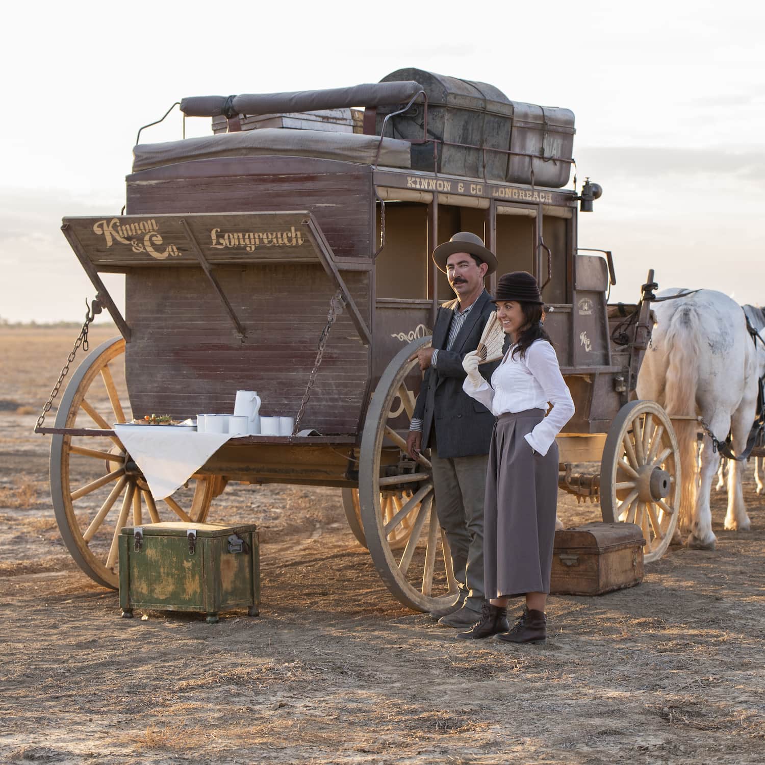 Refreshments are served on the back ledge of the Cobb and Co Stagecoach