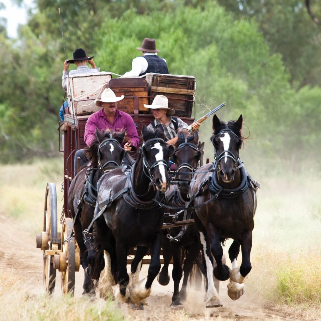 The Cobb and Co Stagecoach galloping through the country