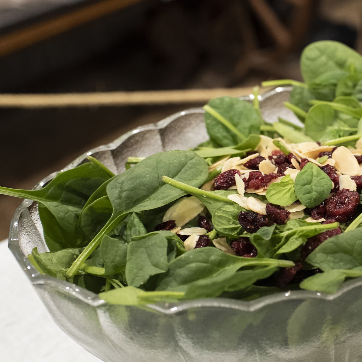 Spinacj,salad with cranberries and almond slivers