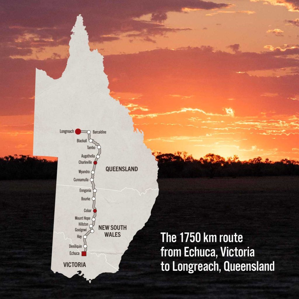 A map of Queensland, New South Wales, and Victoria with a travel route from Echuca to Longreach