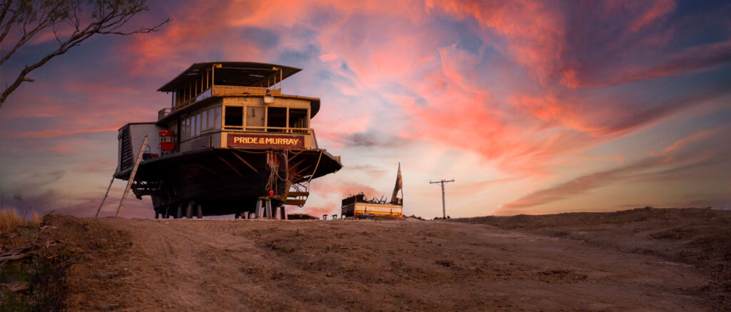 Pride of the Murray paddlewheeler sitting on handstand at sunset