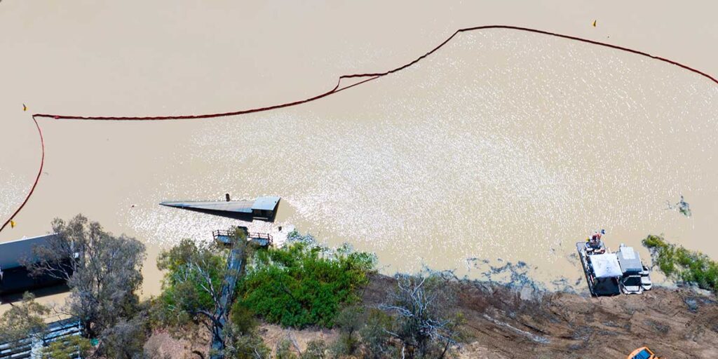 An aerial shot of the sunken Pride of the Murray paddlewheeler